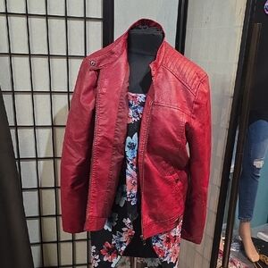 Women’s Red Faux Leather Moto Jacket